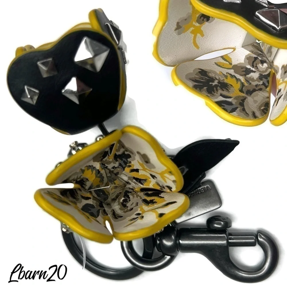 Coach Prairie Black Yellow Tearose Roses Floral Flower Keychain Fob NWT